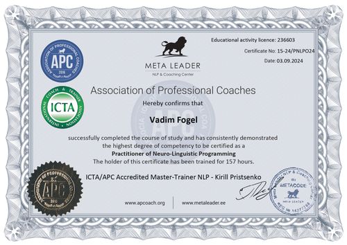 Сертификат Practitioner of NLP — Meta Leader, 157 часов