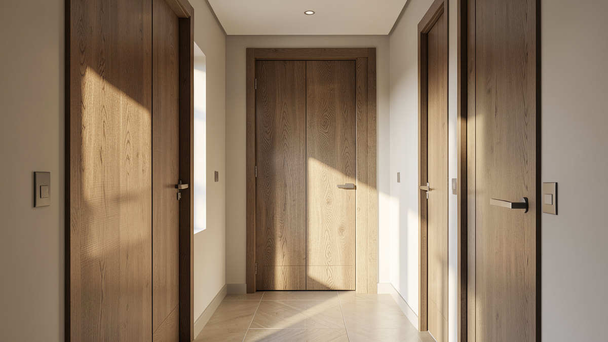 Современный интерьер коридора с установленными межкомнатными дверями FlyDoors в мягком естественном свете