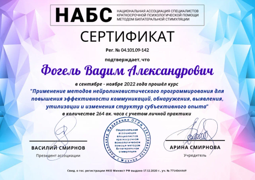 Сертификат «Нейролингвистическое программирование» — НАБС, 264 академических часа
