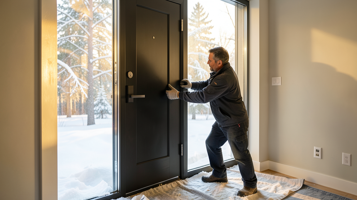 Процесс установки входной двери в частном доме зимой