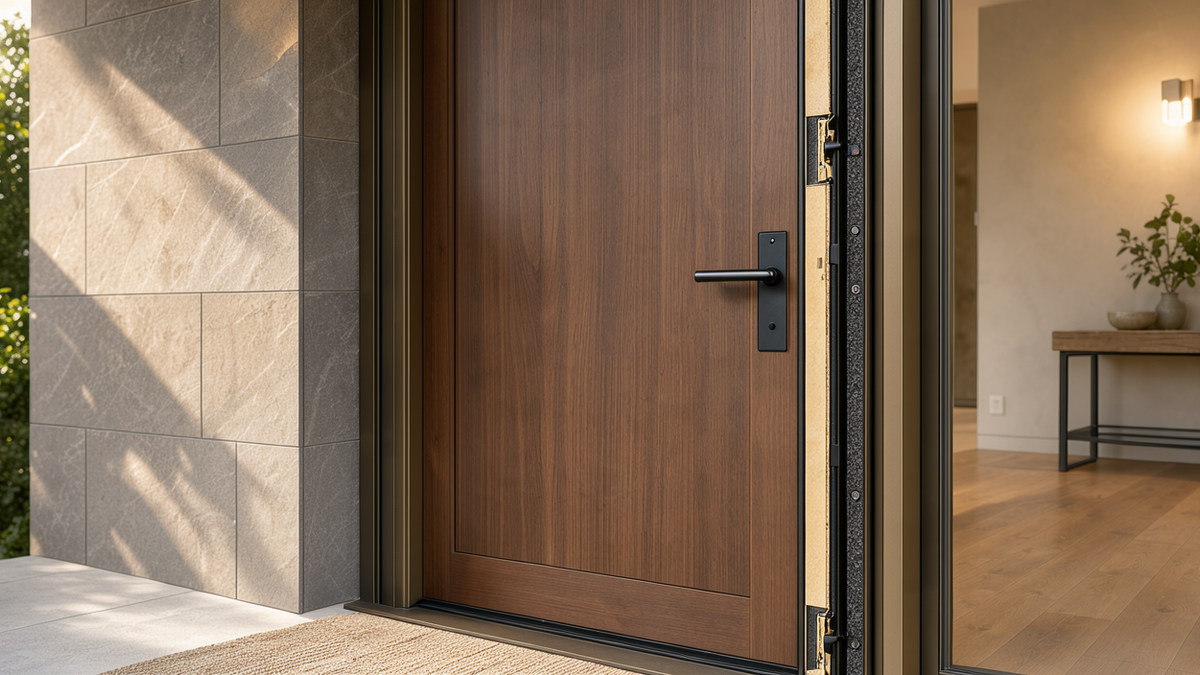 Современная входная дверь с терморазрывом, установленная в светлом интерьере дома