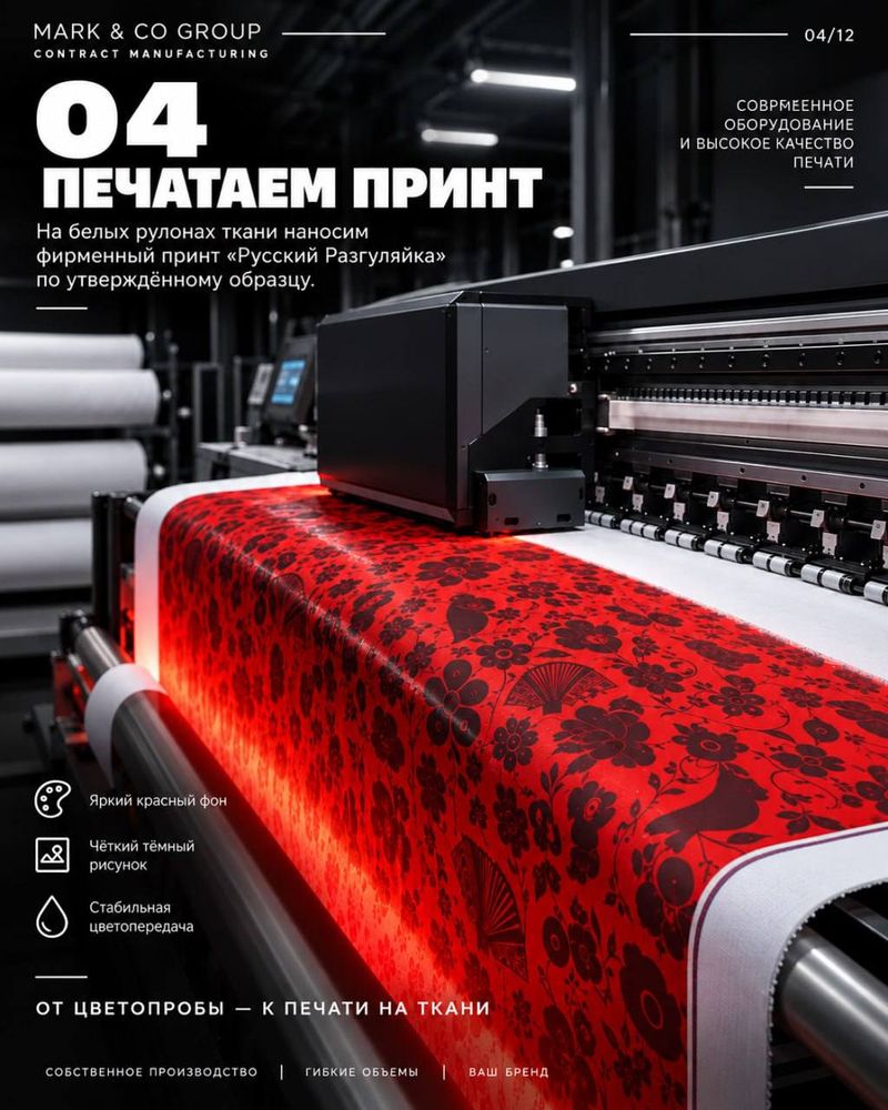 Печать фирменного принта «Русский Разгуляйка» на ткани