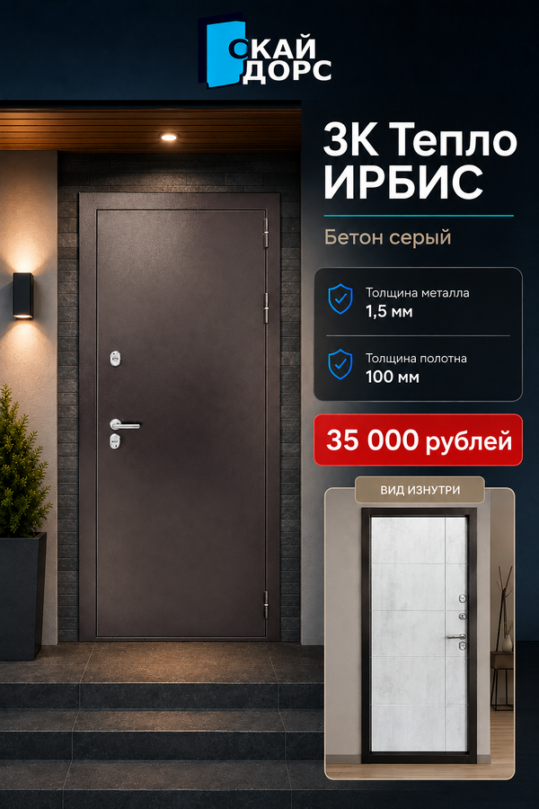 Входная металлическая дверь 3К Тепло ИРБИС Бетон серый — входная дверь с терморазрывом