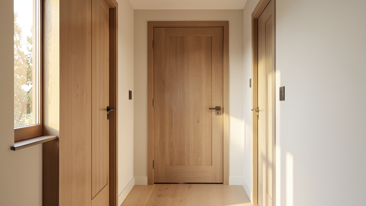Современный интерьер прихожей с установленными межкомнатными дверями FlyDoors в светлых тонах.