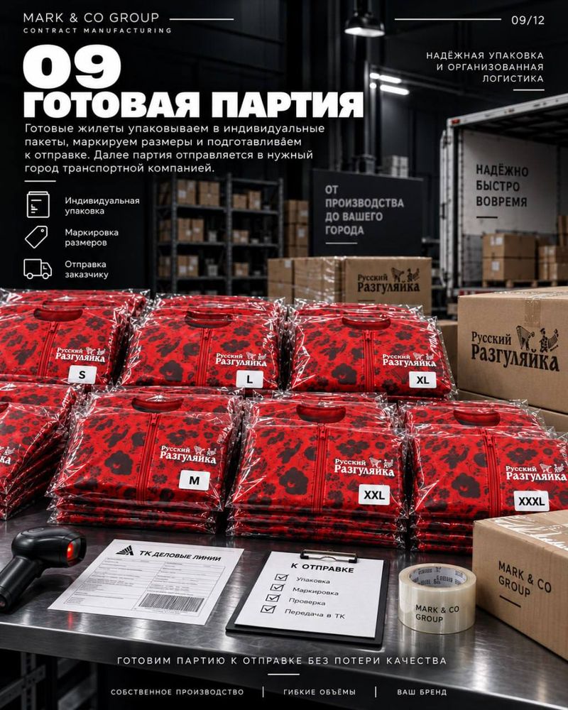 Упаковка готовой партии жилетов